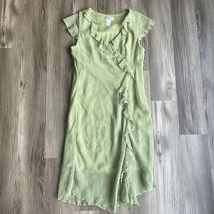 Vintage Green Fairy Garden Romantic Sheer Mesh Gold Roses Midi Dress sz 14‎